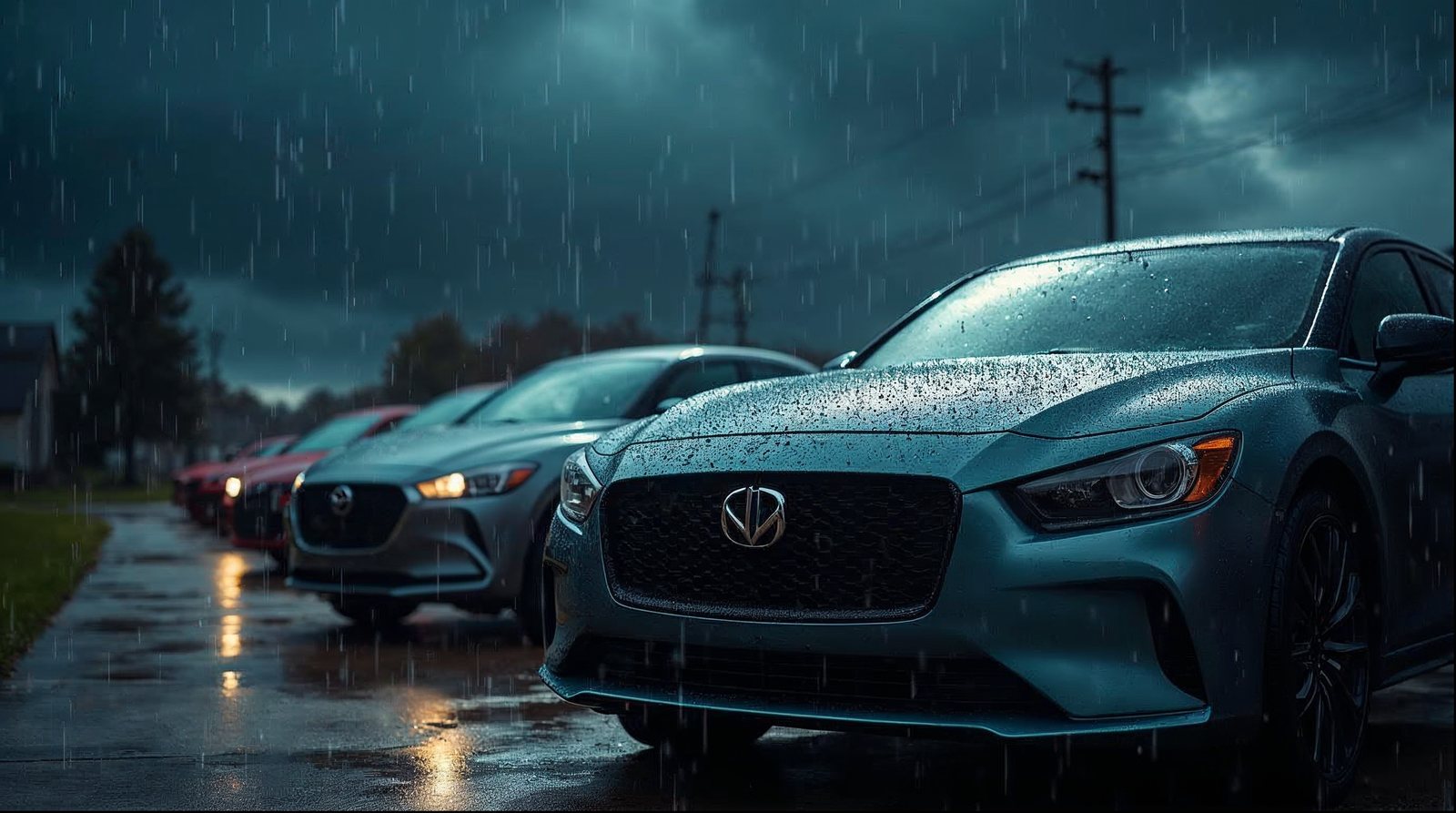 Cars parked outdoors under a dark stormy Midwestern sky during a hailstorm